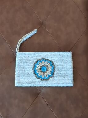 White Beaded Wristlet Clutch with Turquoise Floral Medallion
